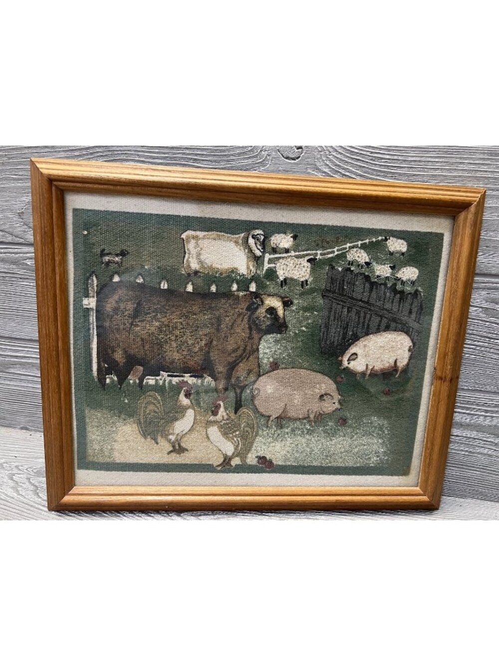 Farm Animals Framed Cloth Tapestry Look Print Primitive Folk Art Style Farmhouse